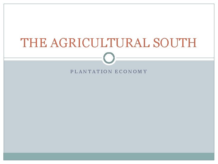 THE AGRICULTURAL SOUTH PLANTATION ECONOMY 