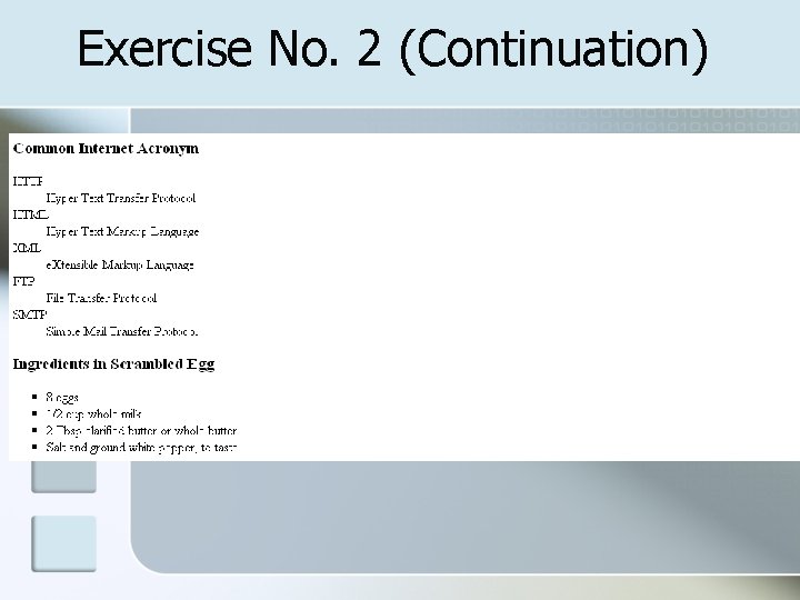 Exercise No. 2 (Continuation) 