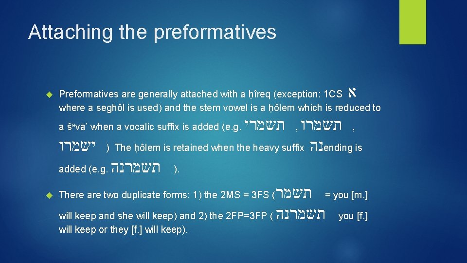 Attaching the preformatives א Preformatives are generally attached with a ḥîreq (exception: 1 CS