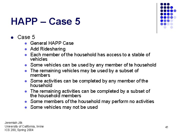 HAPP – Case 5 l l l l l General HAPP Case Add Ridesharing