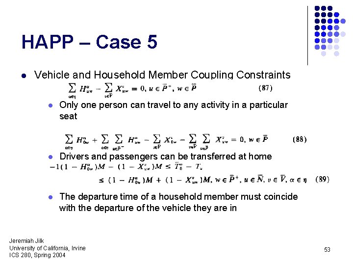 HAPP – Case 5 l Vehicle and Household Member Coupling Constraints l Only one