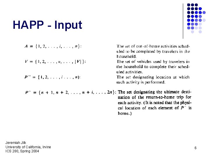 HAPP - Input Jeremiah Jilk University of California, Irvine ICS 280, Spring 2004 6