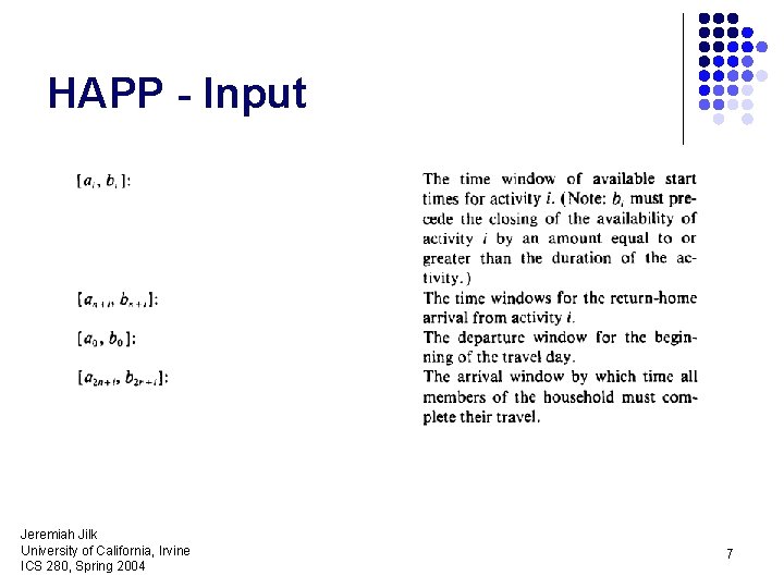 HAPP - Input Jeremiah Jilk University of California, Irvine ICS 280, Spring 2004 7