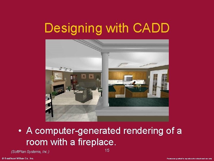 Designing with CADD • A computer-generated rendering of a room with a fireplace. (Soft.