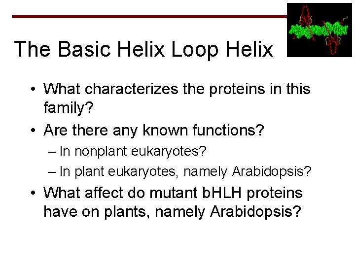 The Basic Helix Loop Helix • What characterizes the proteins in this family? •