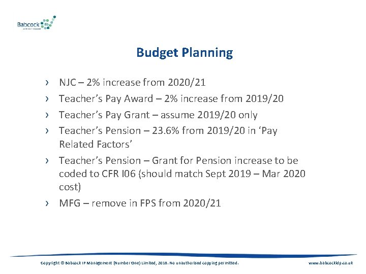 Budget Planning NJC – 2% increase from 2020/21 Teacher’s Pay Award – 2% increase