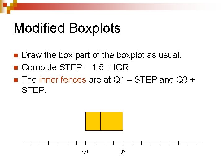 Modified Boxplots n n n Draw the box part of the boxplot as usual.