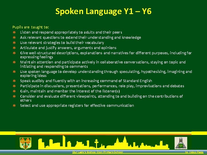 Spoken Language Y 1 – Y 6 Pupils are taught to: ✱ Listen and