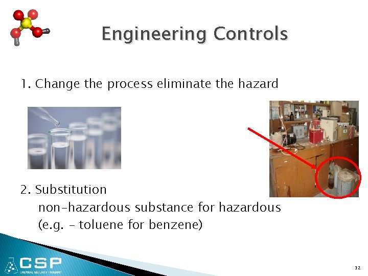 Engineering Controls 1. Change the process eliminate the hazard 2. Substitution non-hazardous substance for