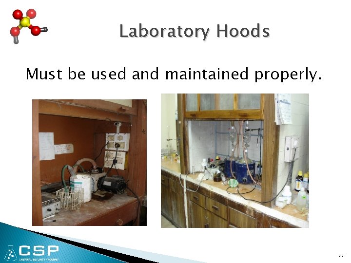 Laboratory Hoods Must be used and maintained properly. 35 