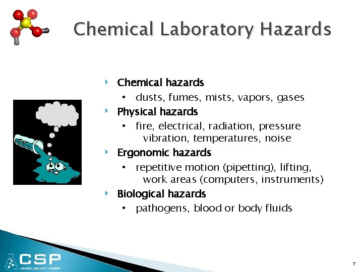 Chemical Laboratory Hazards ‣ ‣ Chemical hazards • dusts, fumes, mists, vapors, gases Physical