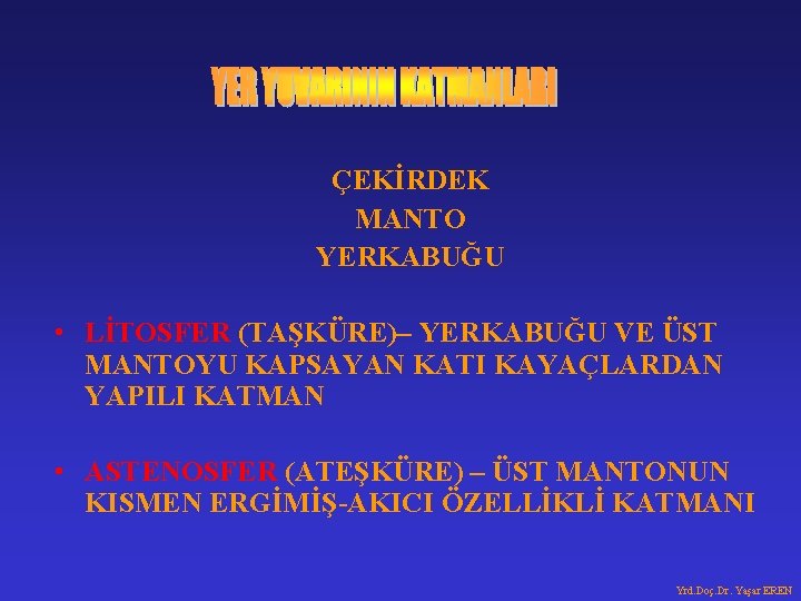 ÇEKİRDEK MANTO YERKABUĞU • LİTOSFER (TAŞKÜRE)– YERKABUĞU VE ÜST MANTOYU KAPSAYAN KATI KAYAÇLARDAN YAPILI