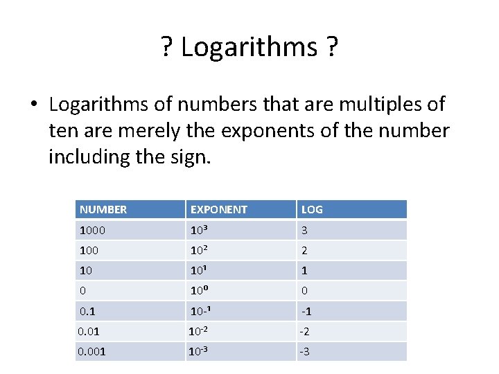 ? Logarithms ? • Logarithms of numbers that are multiples of ten are merely