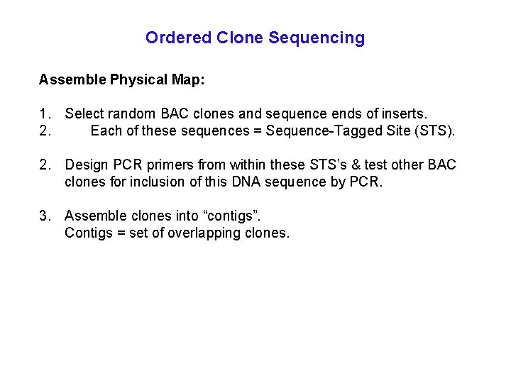 Ordered Clone Sequencing Assemble Physical Map: 1. Select random BAC clones and sequence ends