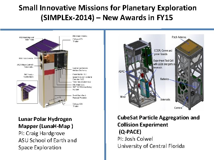 Small Innovative Missions for Planetary Exploration (SIMPLEx-2014) – New Awards in FY 15 Lunar