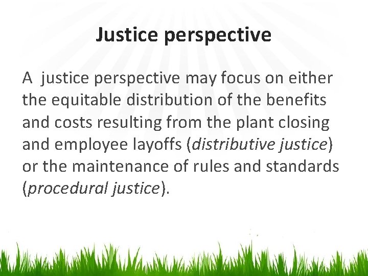 Justice perspective A justice perspective may focus on either the equitable distribution of the