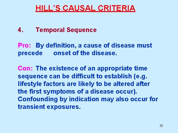 HILL’S CAUSAL CRITERIA 4. Temporal Sequence Pro: By definition, a cause of disease must HILL’S CAUSAL CRITERIA 4. Temporal Sequence Pro: By definition, a cause of disease must