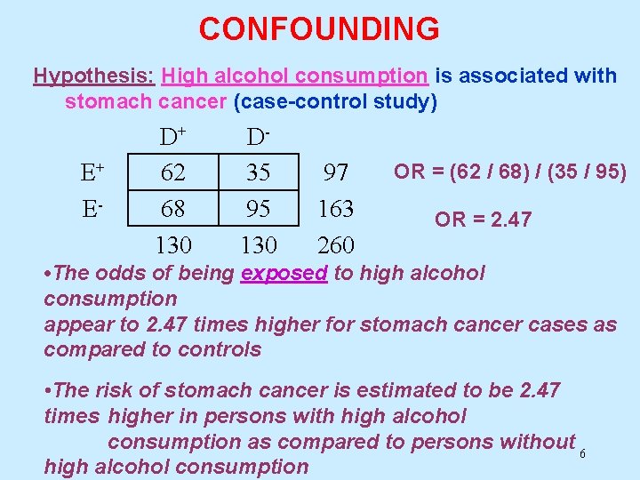 CONFOUNDING Hypothesis: High alcohol consumption is associated with stomach cancer (case-control study) E+ E- CONFOUNDING Hypothesis: High alcohol consumption is associated with stomach cancer (case-control study) E+ E-