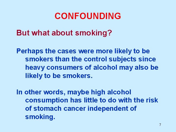 CONFOUNDING But what about smoking? Perhaps the cases were more likely to be smokers CONFOUNDING But what about smoking? Perhaps the cases were more likely to be smokers
