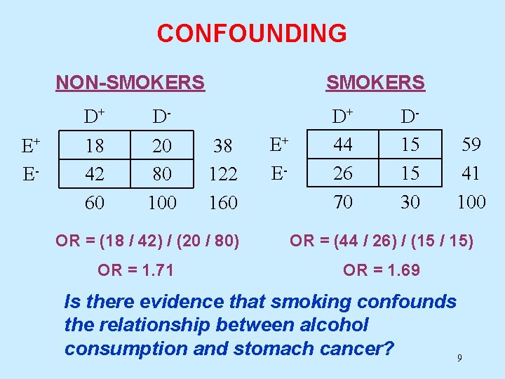 CONFOUNDING NON-SMOKERS E+ E- D+ 18 42 60 D 20 80 100 SMOKERS 38 CONFOUNDING NON-SMOKERS E+ E- D+ 18 42 60 D 20 80 100 SMOKERS 38