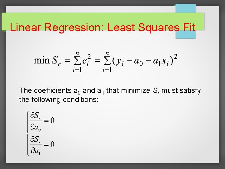 Linear Regression: Least Squares Fit The coefficients a 0 and a 1 that minimize