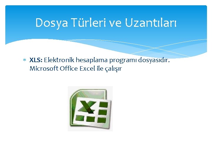 Dosya Türleri ve Uzantıları XLS: Elektronik hesaplama programı dosyasıdır. Microsoft Office Excel ile çalışır