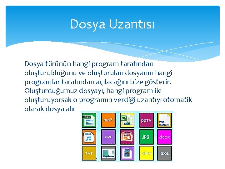 Dosya Uzantısı Dosya türünün hangi program tarafından oluşturulduğunu ve oluşturulan dosyanın hangi programlar tarafından