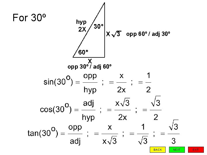 For 30º hyp opp 60º / adj 30º opp 30º / adj 60º BACK