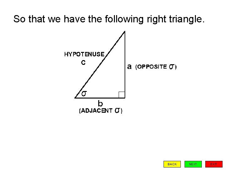 So that we have the following right triangle. BACK NEXT EXIT 