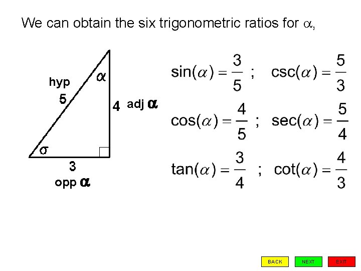 We can obtain the six trigonometric ratios for , hyp HYP adj opp BACK