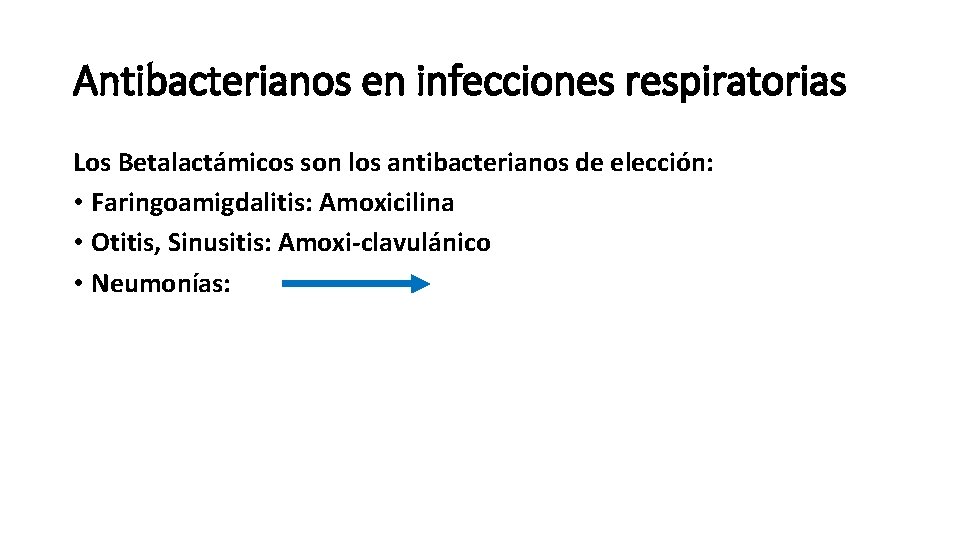 Antibacterianos en infecciones respiratorias Los Betalactámicos son los antibacterianos de elección: • Faringoamigdalitis: Amoxicilina