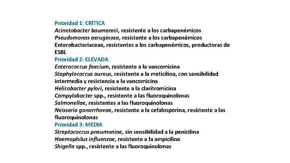 Prioridad 1: CRÍTICA Acinetobacter baumannii, resistente a los carbapenémicos Pseudomonas aeruginosa, resistente a los