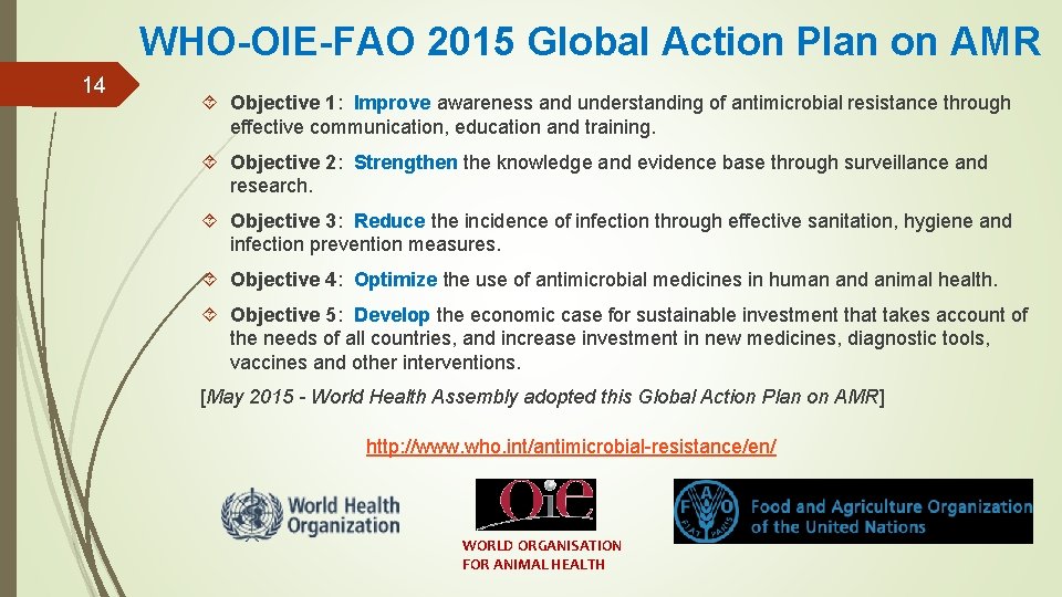 WHO-OIE-FAO 2015 Global Action Plan on AMR 14 Objective 1: Improve awareness and understanding