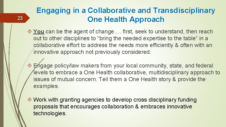 23 Engaging in a Collaborative and Transdisciplinary One Health Approach You can be the
