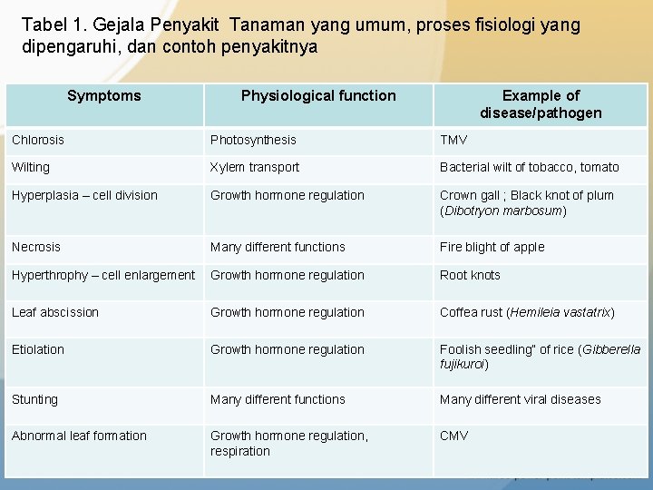 Tabel 1. Gejala Penyakit Tanaman yang umum, proses fisiologi yang dipengaruhi, dan contoh penyakitnya