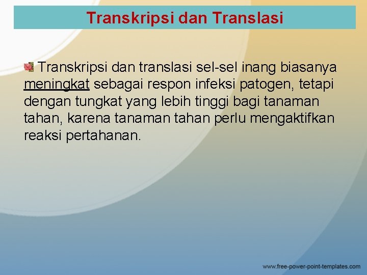 Transkripsi dan Translasi Transkripsi dan translasi sel-sel inang biasanya meningkat sebagai respon infeksi patogen,