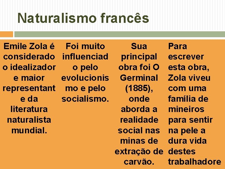 Naturalismo francês Emile Zola é considerado o idealizador e maior representant e da literatura