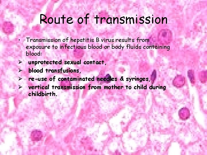 Hepatitis B Route of transmission Transmission of hepatitis