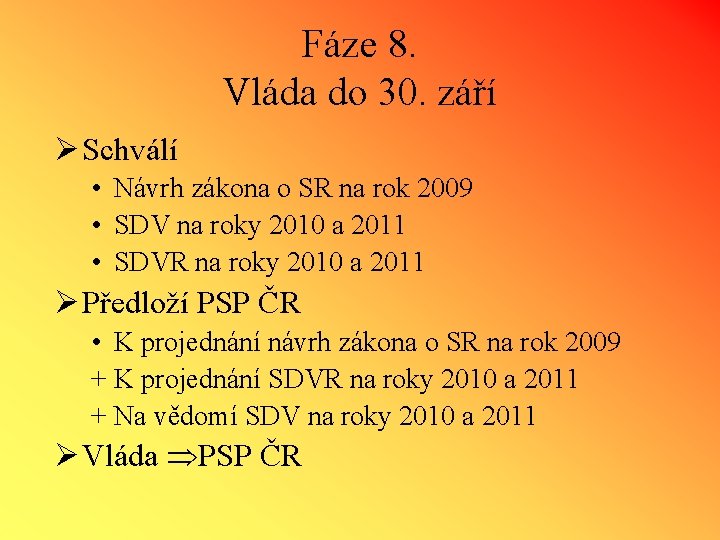 Fáze 8. Vláda do 30. září Ø Schválí • Návrh zákona o SR na