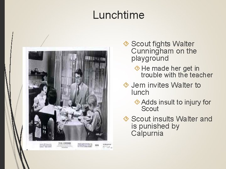 Lunchtime Scout fights Walter Cunningham on the playground He made her get in trouble