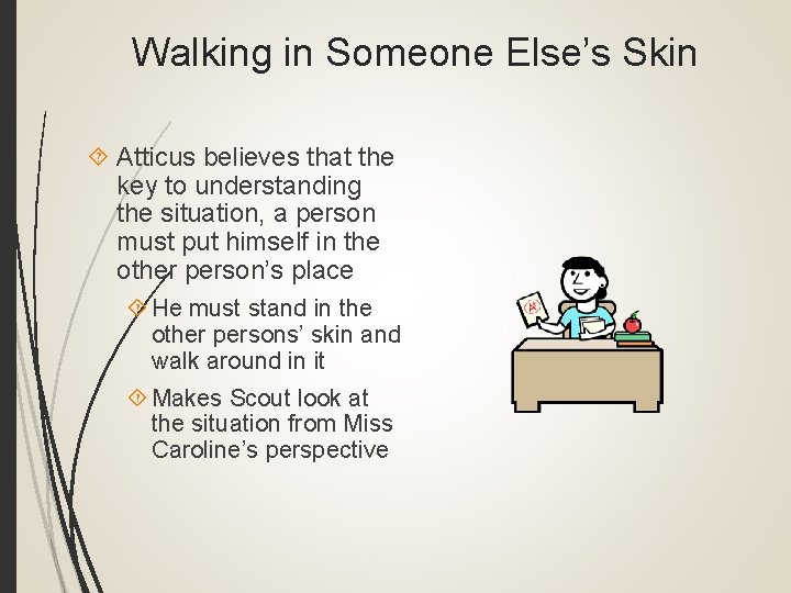 Walking in Someone Else’s Skin Atticus believes that the key to understanding the situation,