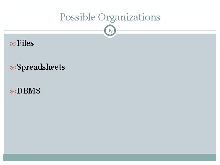 Possible Organizations 19 Files Spreadsheets DBMS 