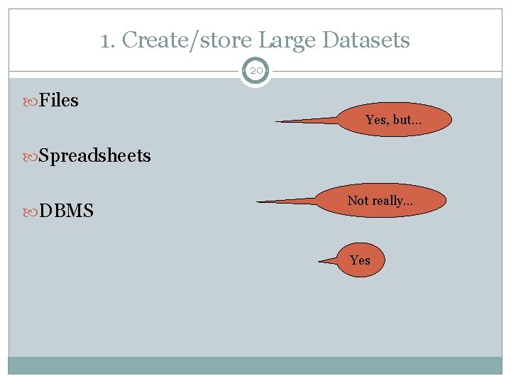 1. Create/store Large Datasets 20 Files Yes, but… Spreadsheets DBMS Not really… Yes 