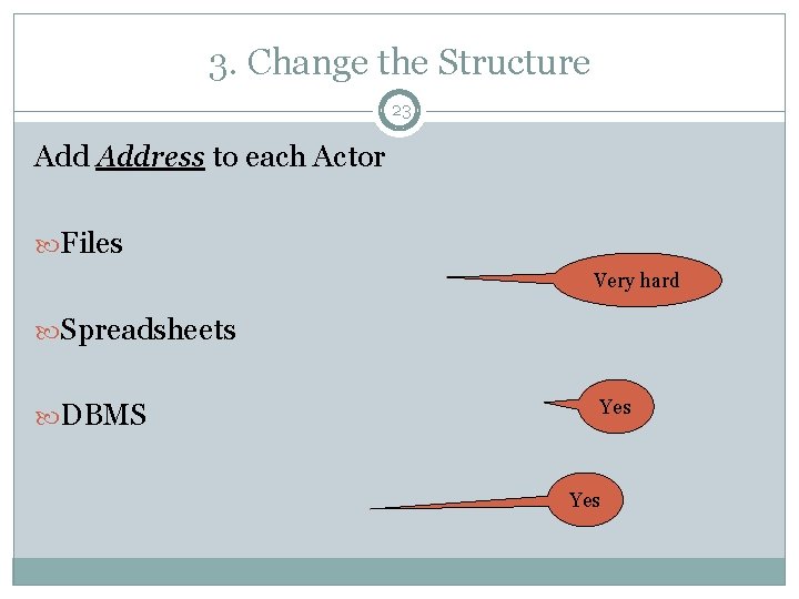 3. Change the Structure 23 Address to each Actor Files Very hard Spreadsheets Yes