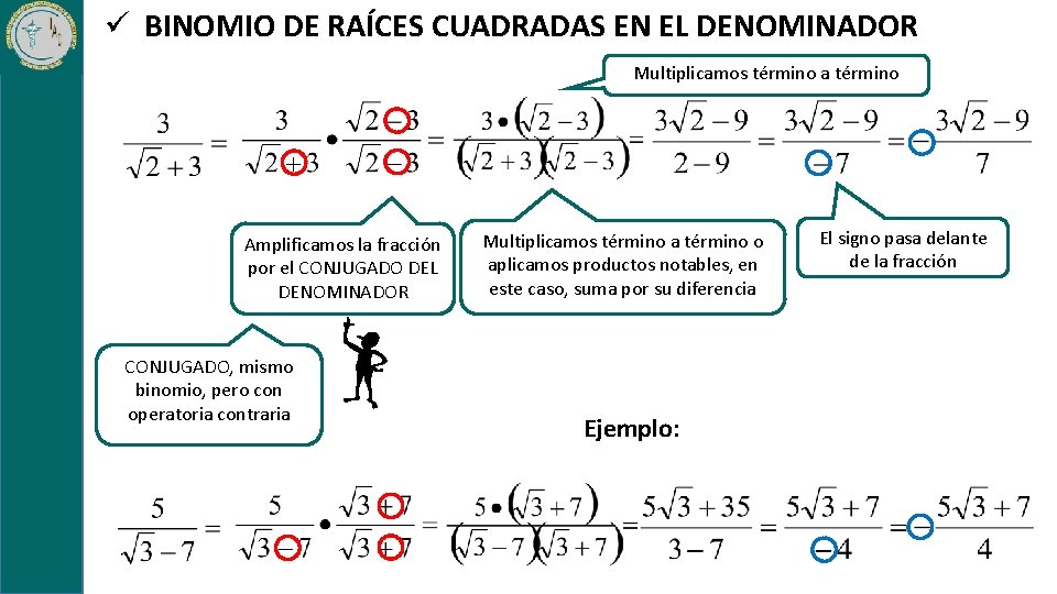 ü BINOMIO DE RAÍCES CUADRADAS EN EL DENOMINADOR Multiplicamos término a término Amplificamos la