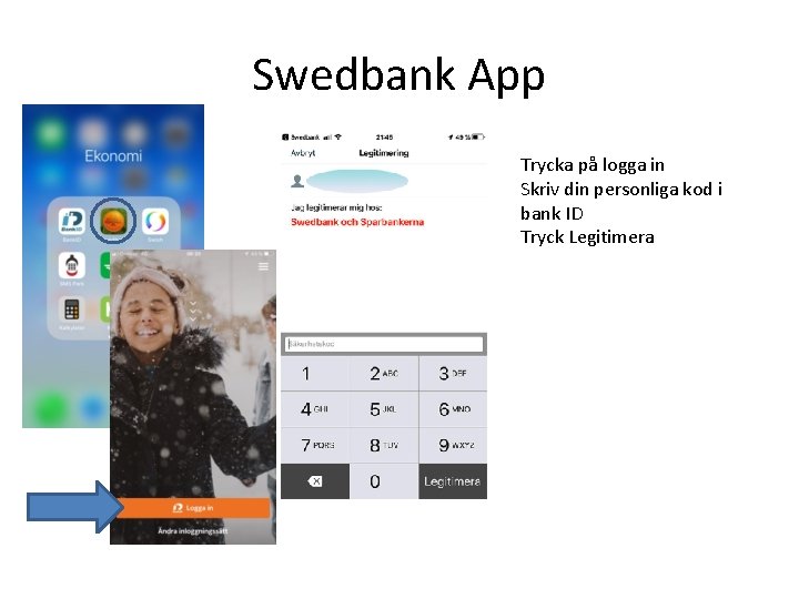Swedbank App Trycka på logga in Skriv din personliga kod i bank ID Tryck