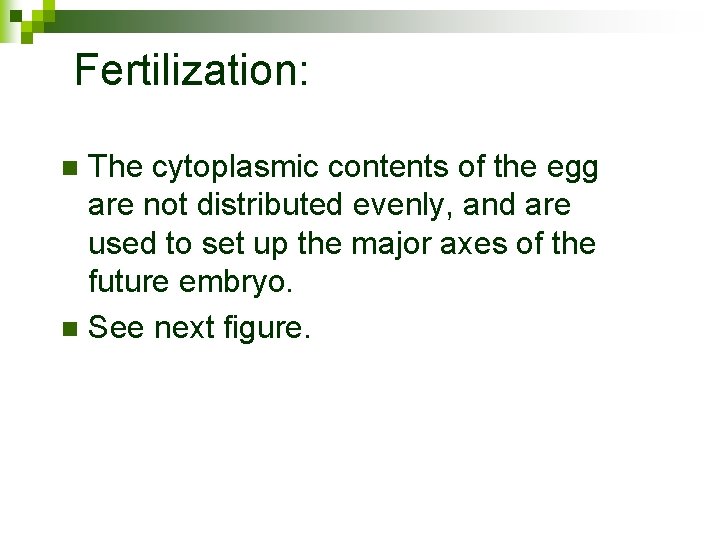Fertilization: The cytoplasmic contents of the egg are not distributed evenly, and are used