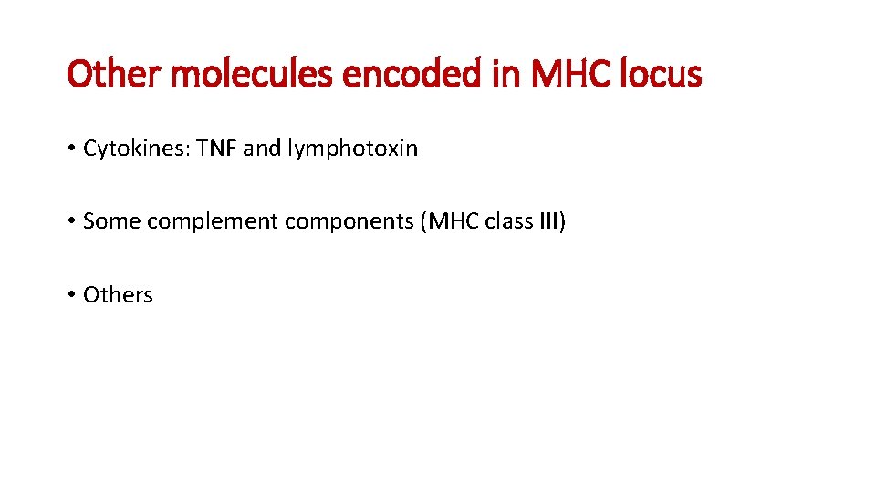 Other molecules encoded in MHC locus • Cytokines: TNF and lymphotoxin • Some complement