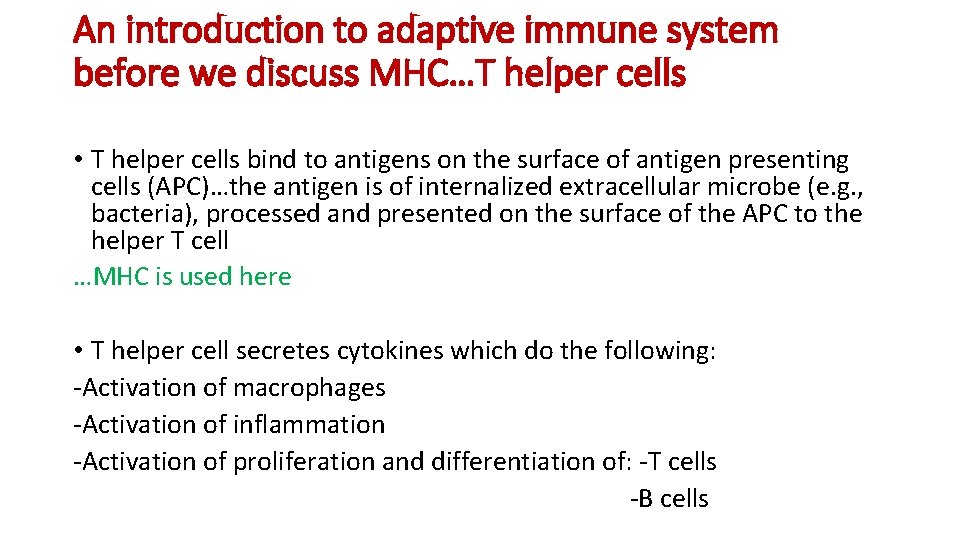 An introduction to adaptive immune system before we discuss MHC…T helper cells • T