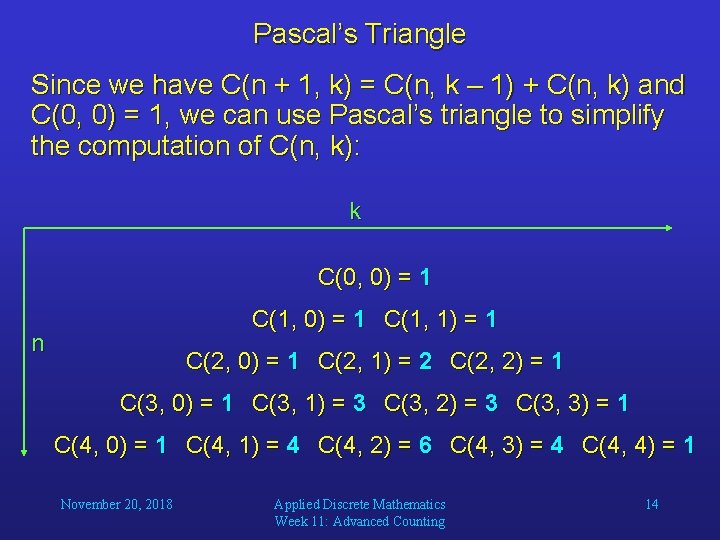 Pascal’s Triangle Since we have C(n + 1, k) = C(n, k – 1)
